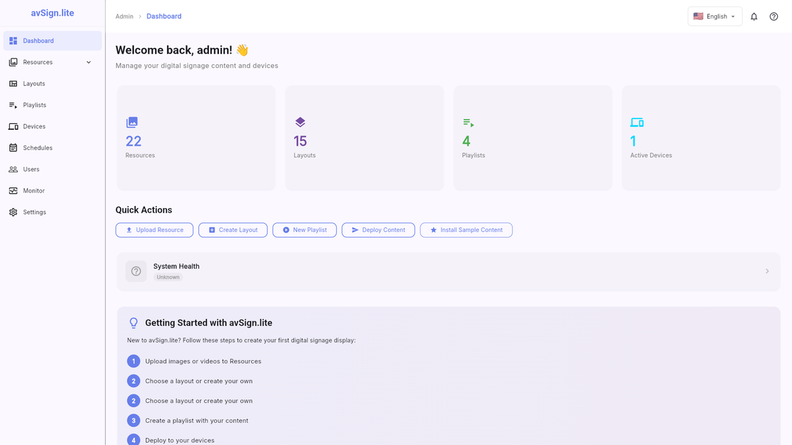 avSign.lite Dashboard - Main control panel showing device status and quick actions