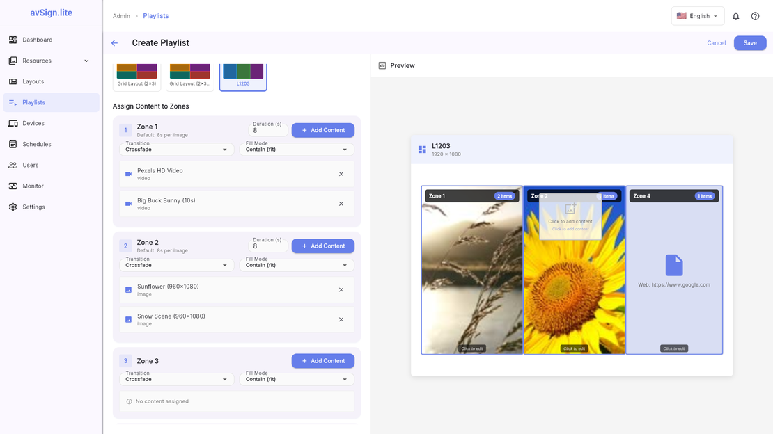 avSign.lite Playlist Management - Schedule and organize your content